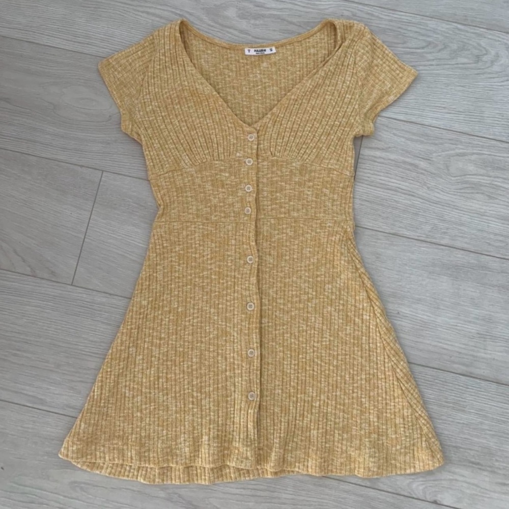 Yellow Ribbed Button-Down Dress